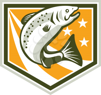 Illustration of a trout fish jumping set inside shield with stars and stripes marks done in retro style