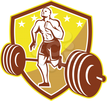 Illustration of an American crossfit marathon runner running facing front with barbell weights set inside shield crest with stars done in retro style on isolated white background