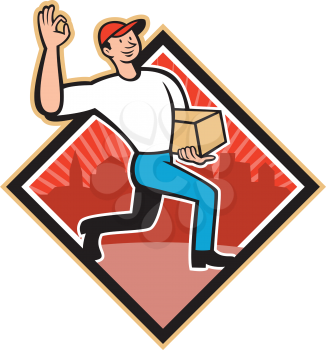 Illustration of a delivery worker delivering parcel package carton showing okay hand sign on isolated white background done in cartoon style.