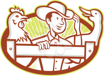 Illustration of a farmer on fence with chicken and goose bird facing front set inside oval done in cartoon style.