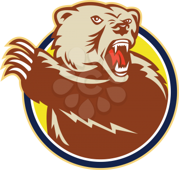 Illustration of a grizzly brown bear swiping his paw attacking done in retro style set inside circle.