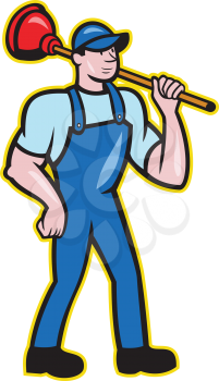 Illustration of a plumber holding plunger standing facing front done in cartoon style on isolated background.