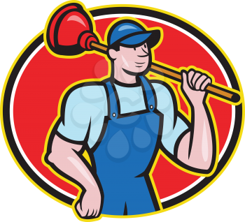 Illustration of a plumber holding plunger set inside oval done in cartoon style on isolated background.