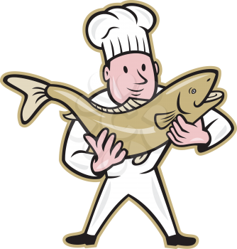 Illustration of a chef cook handling holding up a trout salmon fish facing front standing on isolated whit5e background done in cartoon style.