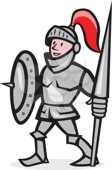 Illustration of knight in full armor with lance and shield facing front standing on isolated white background done in cartoon style.