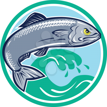 Illustration of an angry sardine fish jumping with waves in background set inside circle on isolated white background retro style. 