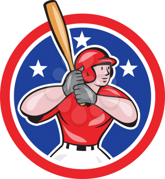 Illustration of a baseball player batting set inside circle shape with stars on isolated background done in cartoon style.