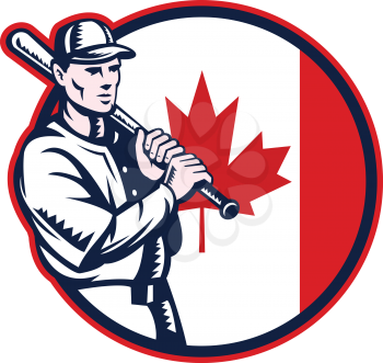 Illustration of a Canadian baseball player batter hitter holding bat on shoulder set inside circle with Canada maple leaf flag done in retro woodcut style isolated on white background.
