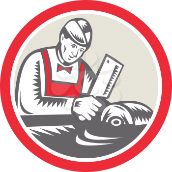Illustration of a butcher cutter worker with meat cleaver knife facing side set inside circle on isolated background done in retro style.