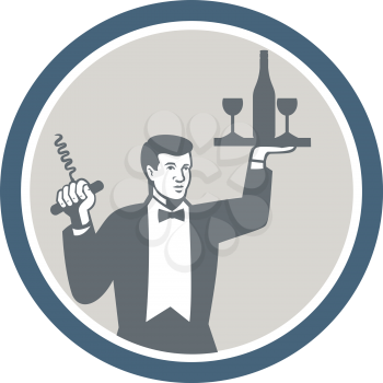 Illustration of a waiter holding serving wine bottle on plate platter holding corkscrew facing front set inside circle on isolated background done in retro style.