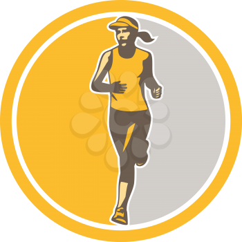 Illustration of marathon triathlete runner running winning finishing race set inside circle on isolated background done in retro style.