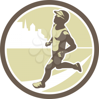 Illustration of triathlete marathon runner running facing side view with buildings in background set inside circle on isolated done in retro style.