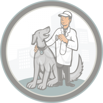 Illustration of a veterinarian holding a stethoscope standing beside pet dog with buildings in background set inside circle done in cartoon style.