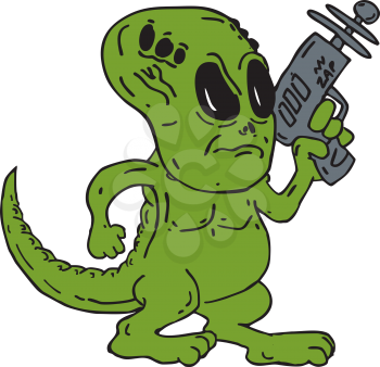 Illustration of a green Alien looking dinosaur holding a ray gun on isolated background done in cartoon style.