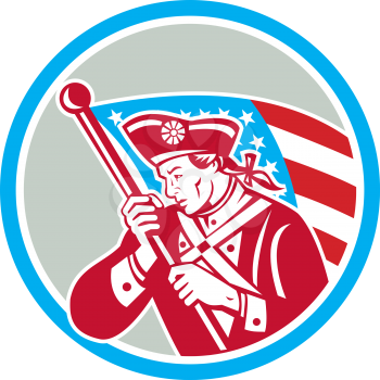 Illustration of an American Patriot revolutionary soldier waving USA stars and stripes flag looking to side set inside circle done in retro style