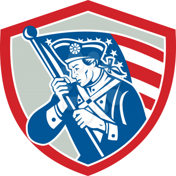 Illustration of an American Patriot revolutionary soldier waving USA stars and stripes flag looking to side set inside shield crest done in retro style