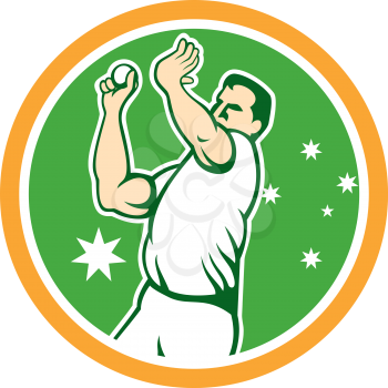 Illustration of an Australian cricket player fast bowler bowling with cricket ball set inside circle with stars in the background done in cartoon style. 