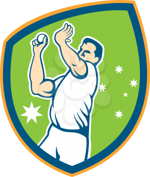 Illustration of an Australian cricket player fast bowler bowling with cricket ball set inside shield with stars in the background done in cartoon style. 