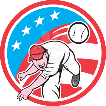 Illustration of an american baseball player pitcher outfilelder throwing ball set inside circle with usa stars and stripes flag in the background done in cartoon style. 