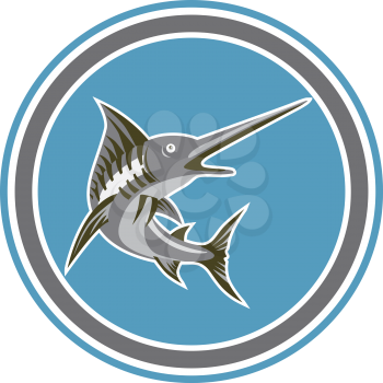 Illustration of a blue marlin fish jumping set inside circle shape on isolated background done art deco retro style. 