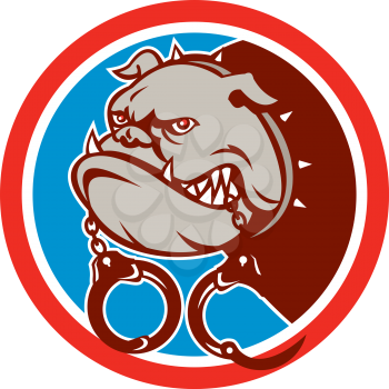 Illustration of a bulldog dog mongrel head mascot biting handcuffs set inside circle on isolated background done in retro style.