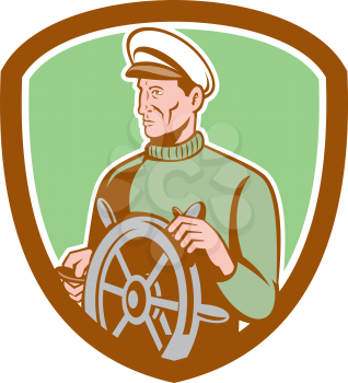Illustration of a fisherman sea captain at the wheel helm looking to the side set inside circle on isolated background done in retro style.