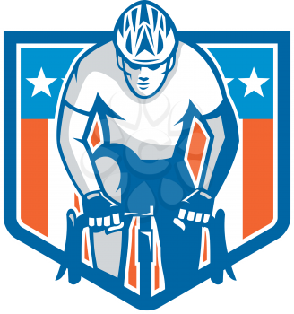 Illustration of an american cyclist riding racing bicycle cycling facing front set inside shield crest with usa stars and stripes flag in the background done in retro style. 
