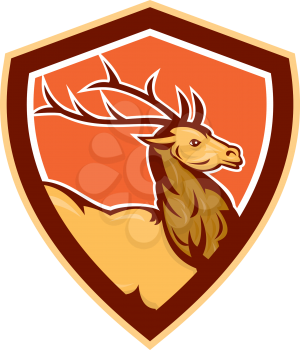 Illustration of a stag deer buck head facing side set inside shield crest on isolated background done in retro style. 