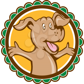 Illustration of a dog mascot with arms out open welcome welcoming looking to the side set inside rosette shape on isolated background done in cartoon style. 