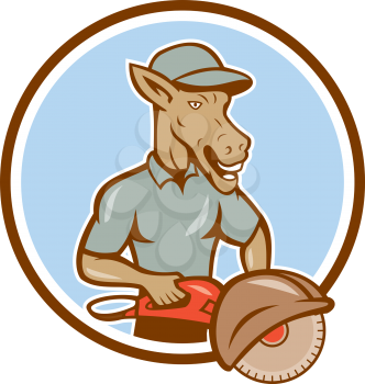 Illustration of a donkey construction worker with concrete saw concsaw set inside circle set on isolated background done in cartoon style.