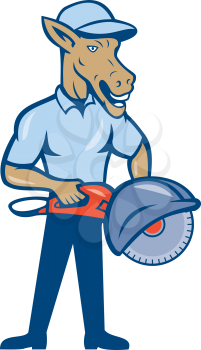 Illustration of a donkey construction worker standing holding concrete saw concsaw set on isolated white background done in cartoon style.