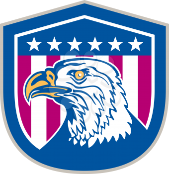 Illustration of an american bald eagle head facing side set inside shield crest with usa stars and stripes flag in the background done in retro style.