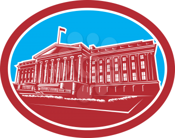 Illustrartion of the Treasury Building in Washington, D.C.  the headquarters of the United States Department of the Treasury set inside oval shape done in retro woodcut style.