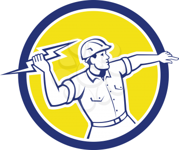 Illustration of an electrician construction worker holding a lightning bolt throwing viewed from the side set inside circle done in retro style on isolated background.