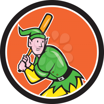 Illustration of an elf  baseball player batter hitter batting with bat done in cartoon style set inside circle on isolated background. 
