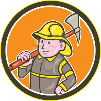 Illustration of a fireman fire fighter emergency worker holding axe on shoulder set inside circle on isolated background done in retro style.