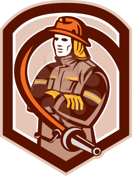Illustration of a fireman fire fighter emergency worker folding arms with fire hose set inside shield crest on isolated background done in retro style.