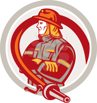Illustration of a fireman fire fighter emergency worker standing folding arms with fire hose viewed from the side set inside circle on isolated background done in retro style.