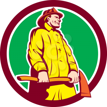 Illustration of a fireman fire fighter emergency worker standing holding axe viewed from low angle set inside circle on isolated background done in retro style. 