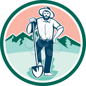 Illustration of a gold digger miner prospector with shovel spade set inside circle with mountains in background done in retro style. 