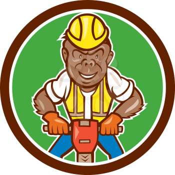 Illustration of a gorilla ape construction worker wearing hard hat with jackhammer set inside circle on isolated background done in cartoon style. 