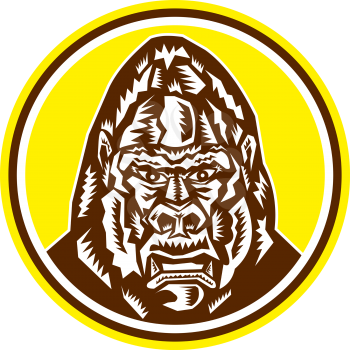 Illustration of an angry gorilla ape head set inside circle on isolated background done in retro woodcut style.