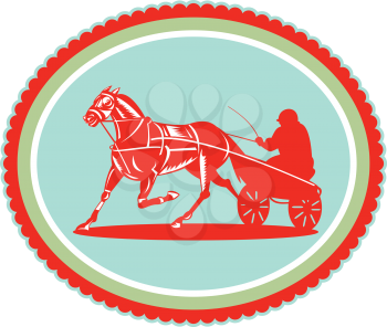 Illustration of a horse and jockey harness racing set inside oval rosette shape on isolated background done in retro style.