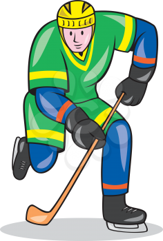 Illustration of an ice hockey player with hockey stick facing front set on isolated white background done in cartoon style.