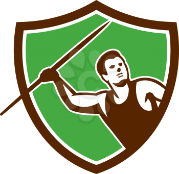 Illustration of a track and field athlete javelin throw facing front set inside shield crest on isolated background done in retro style.