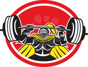 Illustration of black knight in full armor lifting a barbell set inside circle viewed from front done in retro style on isolated white background.