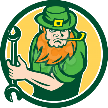 Illustration of a leprechaun mechanic holding spanner wrench facing front set inside circle on isolated background done in retro style. 