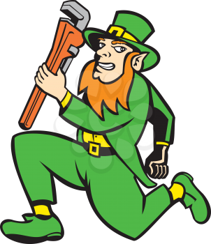 Illustration of a leprechaun holding monkey wrench running facing side set on isolated white background done in retro style. 