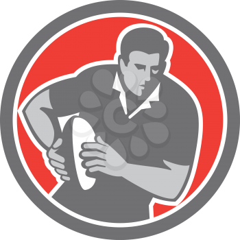 Illustration of a rugby player with ball running set inside circle on isolated background done in retro style.