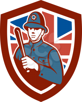 Illustration of a British London bobby police officer policeman man wielding truncheon or baton also called cosh, billystick, billy club, nightstick, sap, stick set inside shield crest with Union Jack
